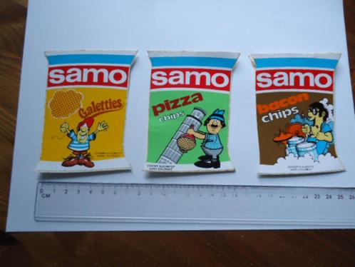 sticker oud SAMO CHIPS strip belgie vintage izegem retro 3x, Verzamelen, Stickers, Zo goed als nieuw, Bedrijf of Vereniging, Verzenden