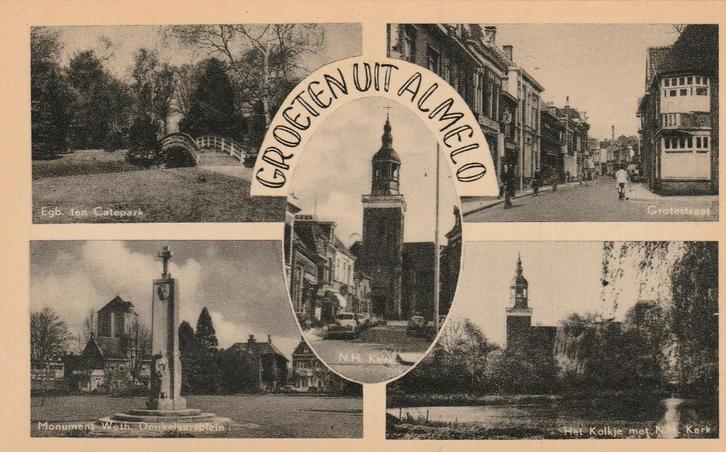 ALMELO Park Monument Kerk Grotestraat Kolkje Groeten, Verzamelen, Ansichtkaarten | Nederland, Ongelopen, Overijssel, 1940 tot 1960