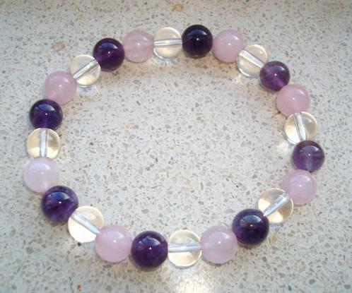 Armband Gouden Driehoek, amethist, rozenkwarts, bergkristal, Sieraden, Tassen en Uiterlijk, Armbanden, Nieuw, Elastiek, Paars