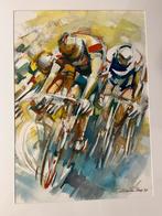 Twee aquarellen van wielrenploeg, Antiek en Kunst, Kunst | Litho's en Zeefdrukken, Ophalen