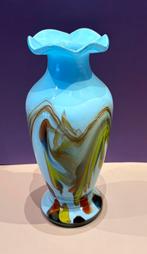 Opaline vaasje in blauw met diverse kleuren, Ophalen of Verzenden