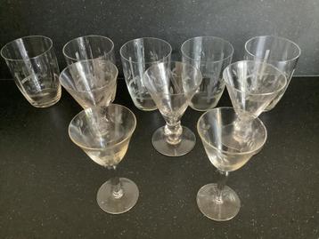 Oude vintage retro glazen drinkglazen geëtst/ gegraveerd beschikbaar voor biedingen