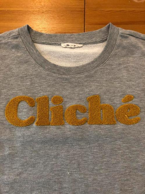 Leuke grijze Madness sweater met de okergele tekst: Cliché, Kleding | Dames, Truien en Vesten, Zo goed als nieuw, Maat 42/44 (L)