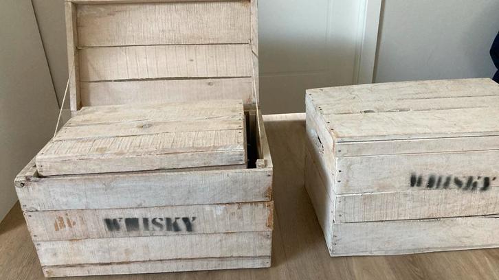 3 Whiskey Kisten White Wash, Huis en Inrichting, Woonaccessoires | Kisten, Gebruikt, Minder dan 50 cm, Overige houtsoorten, Ophalen