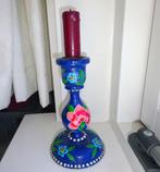 Blauwe kandelaar voor kaars, handbeschilderd met bloemen., Ophalen, Gebruikt, Groen, Hout