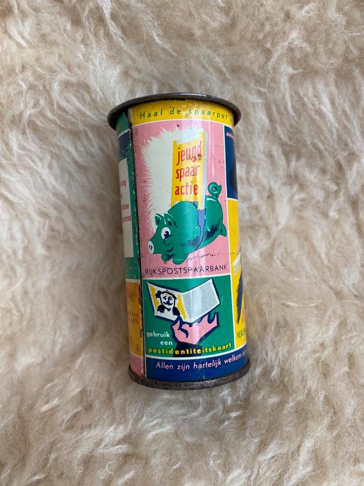 Vintage blikken spaarpot van de Rijkspostspaarbank, Verzamelen, Spaarpotten, Gebruikt, Overige thema's, Metaal of Blik, Ophalen of Verzenden