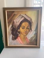 Olieverfschilderij portret Aziatische vrouw 50x60 cm, Ophalen of Verzenden, Zo goed als nieuw, Minder dan 50 cm, Schilderij