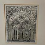 Linosnede op rijstpapier 'Spanish Cathedral '1969 gesigneerd, Ophalen of Verzenden