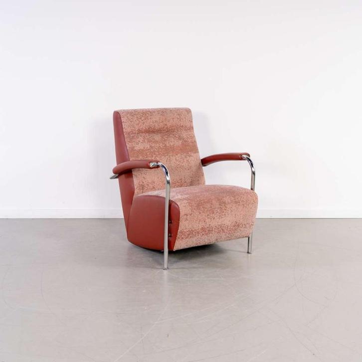 2x Leolux Scylla Fauteuil Hoog Roestbruin Gemêleerd + Leer, Huis en Inrichting, Fauteuils, Zo goed als nieuw, Leer, Metaal, Stof