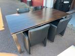 Eetkamertafel en salonttafel met rvs onderstel, Ophalen, Donker gevlamd eiken, Gebruikt, 200 cm of meer