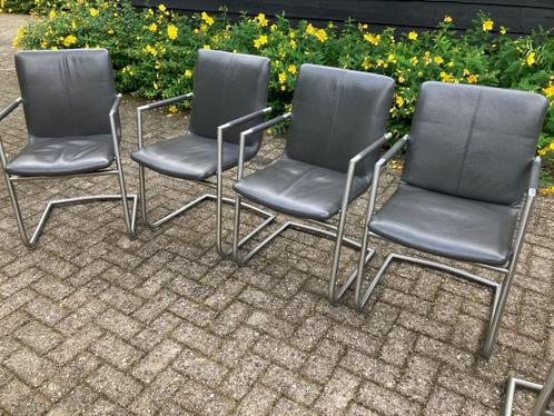 6 leren eetkamerstoelen, Huis en Inrichting, Stoelen, Gebruikt, Vijf, Zes of meer stoelen, Leer, Metaal, Bruin, Ophalen