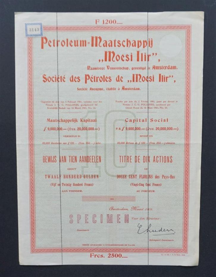 Petroleum Maatschappij Moesi Ilir (Shell/Ned.Indie) 1901, Postzegels en Munten, Aandelen en Waardepapieren, Aandeel, Voor 1920