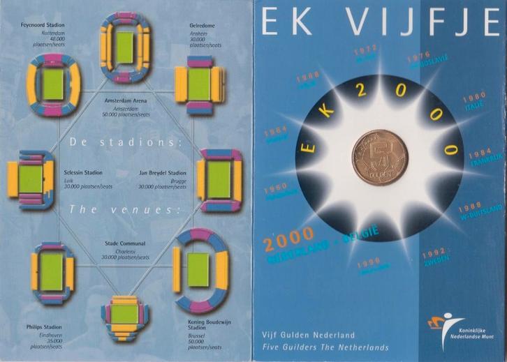 Nederland EK Vijfje 2000 FDC Voetbal in speciaal mapje, Postzegels en Munten, Munten | Nederland, Losse munt, 5 gulden, Koningin Beatrix