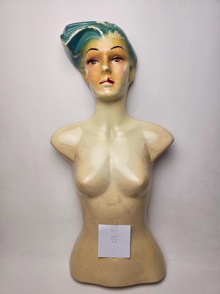 # Vintage Mannequin Buste Blauw Haar - Brocante Fashino no 5, Antiek en Kunst, Curiosa en Brocante, Ophalen