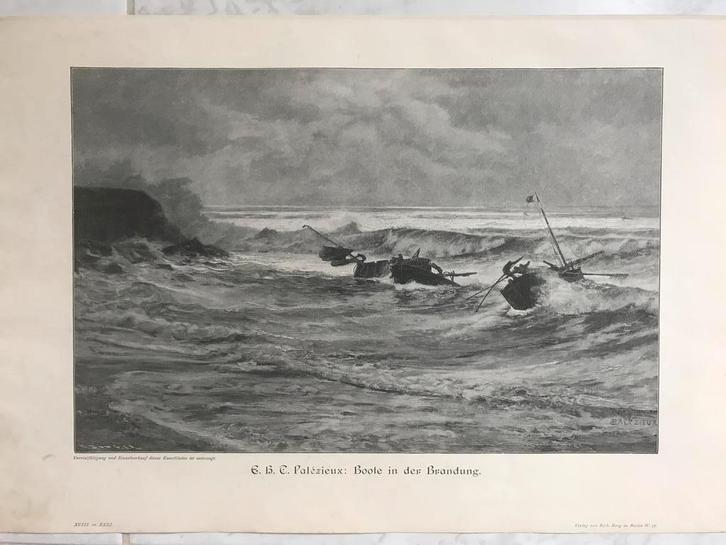 E.H.C. Palézieux: Boote in der Brandung, 1900, beeld 32x21cm, Antiek en Kunst, Kunst | Etsen en Gravures, Ophalen of Verzenden