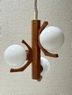 Mid Century Hanglamp Teak 3 Opaal Glas Bollen Space Age, 50 tot 75 cm, Ophalen of Verzenden, Zo goed als nieuw, Mid century deens teak space age