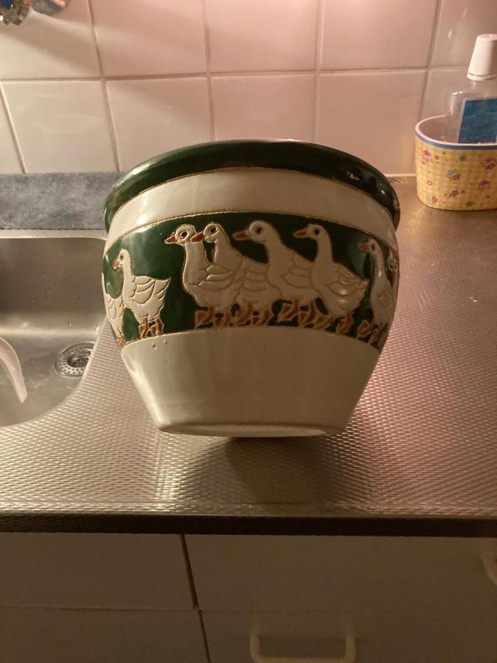Oud Hollands Potje - Ganzen Print - 23cm, Tuin en Terras, Bloempotten, Gebruikt, Aardewerk, Binnen, Minder dan 40 cm, Minder dan 25 cm