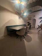 Houten tafel met stalen poten + groene bank, Huis en Inrichting, Tafels | Eettafels, Gebruikt, 100 tot 150 cm, 200 cm of meer