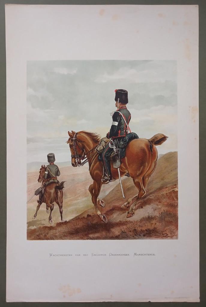 Wachtmeester Escadron Ordonnansen grote oude prent cavalerie, Verzamelen, Militaria | Algemeen, Landmacht, Foto of Poster, Nederland