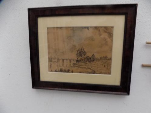 tekening riviergezicht met dijkhuisje aanlegsteiger zeilboot, Huis en Inrichting, Woonaccessoires | Overige, Gebruikt, Ophalen of Verzenden