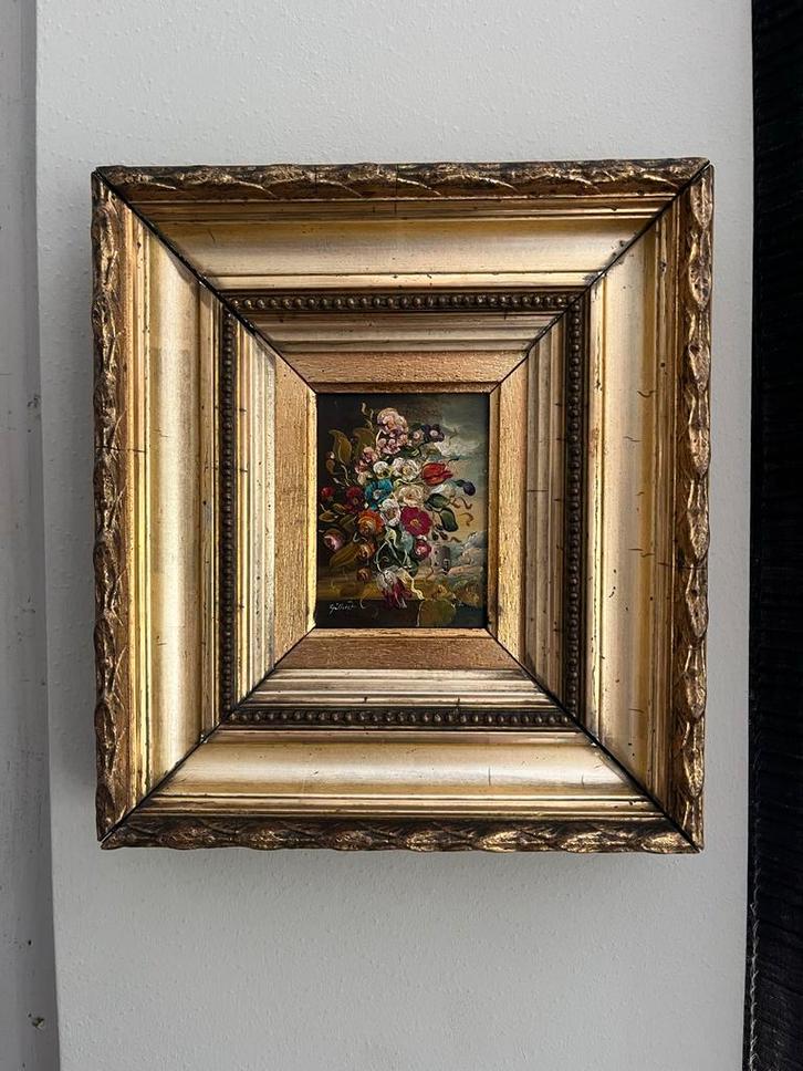 Klein bloemenschilderij op koper, vergulde lijst, Antiek en Kunst, Kunst | Schilderijen | Klassiek, Ophalen of Verzenden