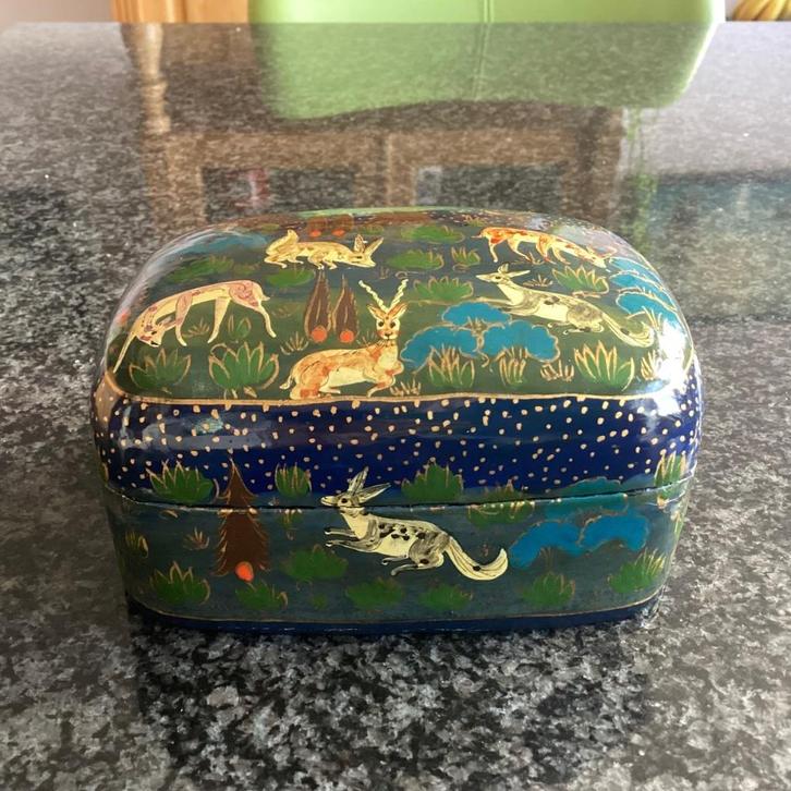 Doosje, gelakt, kasjmir, India, handbeschilderd, vintage, Antiek en Kunst, Curiosa en Brocante, Ophalen