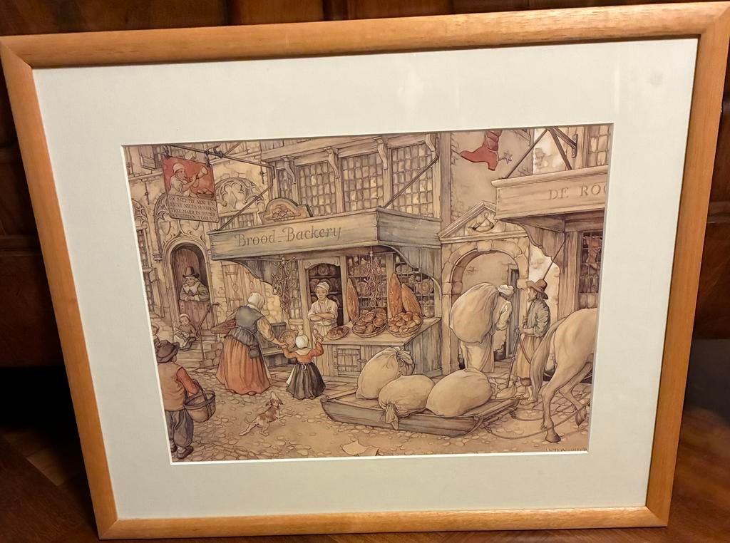 Mooi schilderij met een originele Anton Pieck Plaat., 1980 tot heden, Ophalen of Verzenden, Zo goed als nieuw, Prent