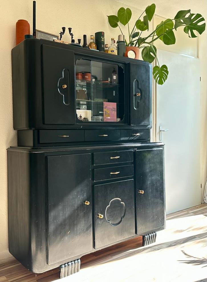 Zwarte vintage keukenkast, Huis en Inrichting, Kasten | Buffetkasten, Gebruikt, 150 tot 200 cm, 100 tot 150 cm, 25 tot 50 cm, Ophalen
