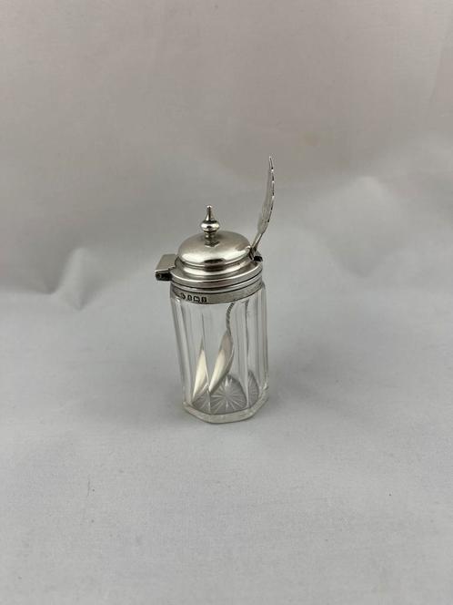 Glazen pot met zilveren deksel en lepel, Antiek en Kunst, Antiek | Goud en Zilver, Zilver, Ophalen of Verzenden
