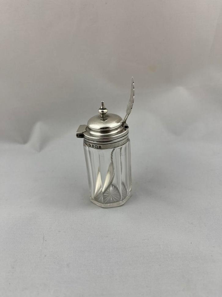 Glazen pot met zilveren deksel en lepel, Antiek en Kunst, Antiek | Goud en Zilver, Zilver, Ophalen of Verzenden