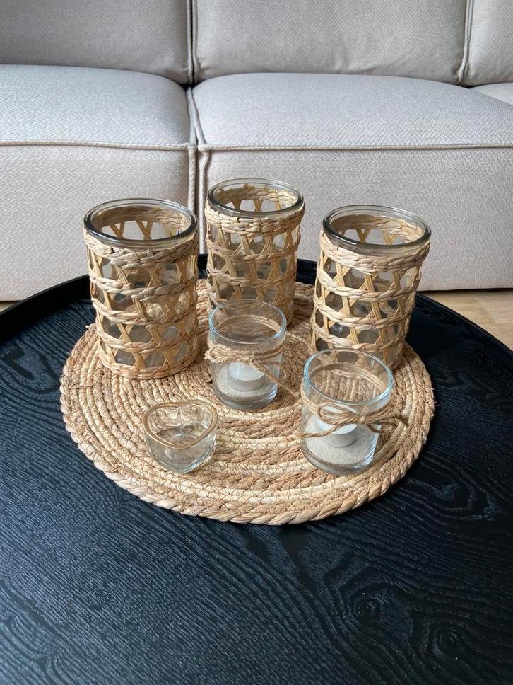 Placemat riet 6x waxinelichthouder riet glas, Huis en Inrichting, Woonaccessoires | Kandelaars en Kaarsen, Kandelaar, Minder dan 25 cm