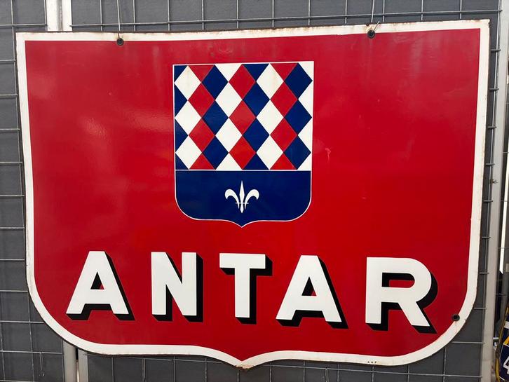 Zeer groot emaille reclamebord van het franse oliemerk Antar, Antiek en Kunst, Antiek | Emaille, Ophalen of Verzenden