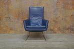 ZGANieuw! blauwe leren Label Don fauteuil + evt hocker!, Design, Metaal, 75 tot 100 cm, Zo goed als nieuw