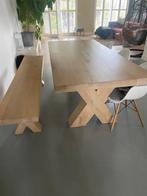 Massief eiken tafel + bank, Huis en Inrichting, Tafels | Eettafels, Ophalen, Eikenhout, 200 cm of meer, 50 tot 100 cm