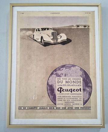 ingelijste Franse art deco advertentie, poster Peugeot 1935 beschikbaar voor biedingen
