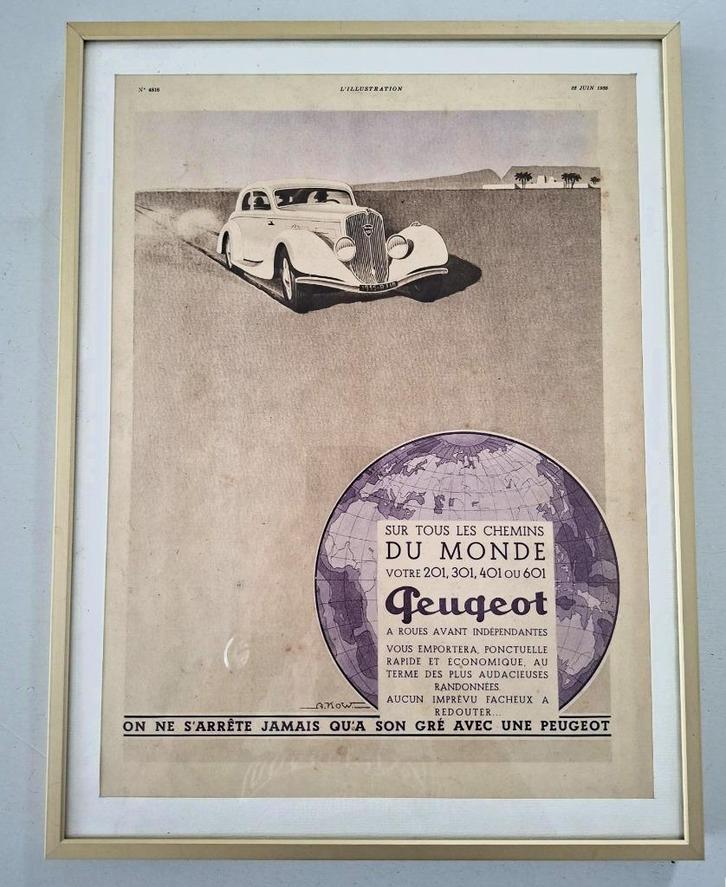 ingelijste Franse art deco advertentie, poster Peugeot 1935, Verzamelen, Automerken, Motoren en Formule 1, Gebruikt, Auto's, Ophalen of Verzenden