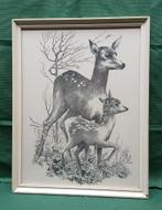 Vintage print ree met kalf kerst, Ophalen of Verzenden, Gebruikt