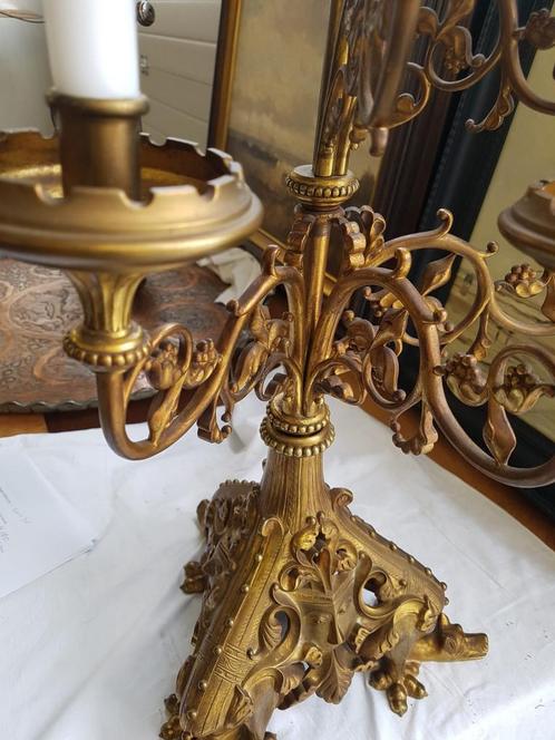 Grote zware bronzen antieke vergulde zes armen kandelaar, Antiek en Kunst, Antiek | Kandelaars, Koper of Brons, Ophalen