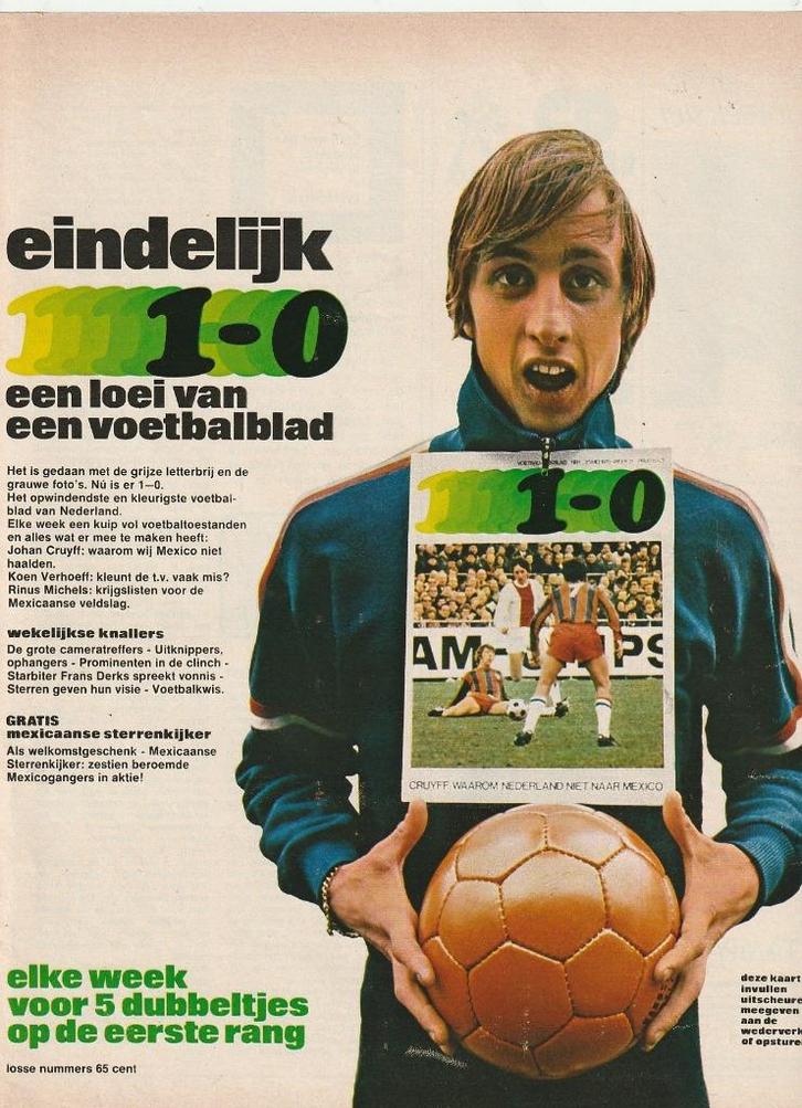 retro reclame 1970 1-0 voetbal tijdschrift Johan Cruyff, Verzamelen, Sportartikelen en Voetbal, Gebruikt, Overige typen, Verzenden