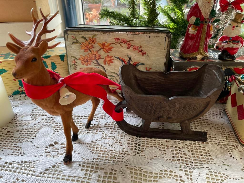 Vintage flock hert met arrenslee, Diversen, Kerst, Gebruikt, Ophalen of Verzenden