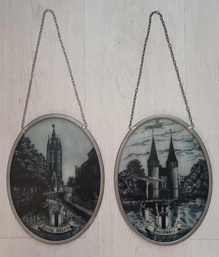 2 Glas in lood raam hangers oude delft en de oostpoort, Antiek en Kunst, Antiek | Woonaccessoires, Ophalen of Verzenden