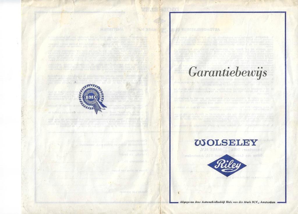 Wolseley Riley Garantiebewijs, Ophalen of Verzenden