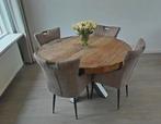 Ronde teak eettafel met metalen onderstel, Huis en Inrichting, Tafels | Eettafels, Ophalen, Gebruikt, Modern, industrieel, warm