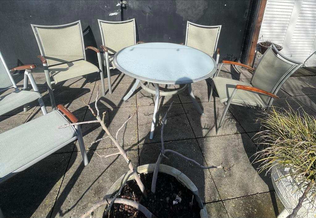 Gebruikte tuinset: ronde tafel, 4 stoelen, 2 ligstoelen, voe, Tuin en Terras, Tuinsets en Loungesets, Ophalen, Overige materialen