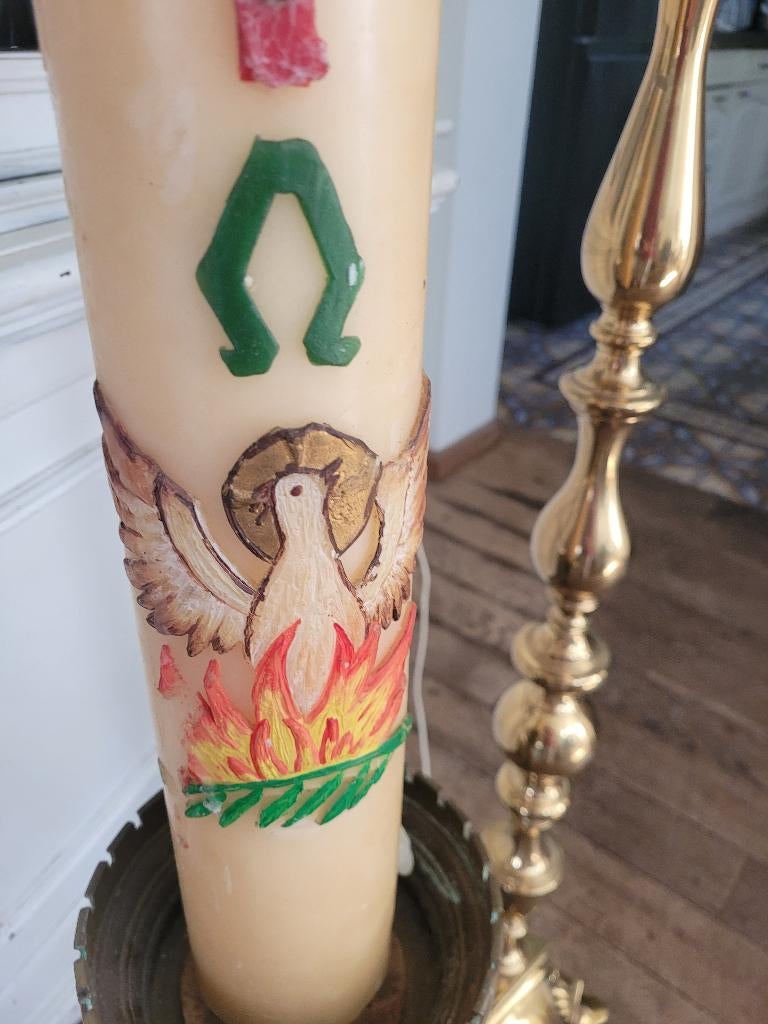 Antieke massief koperen kerkkandelaar met kaars, Ophalen of Verzenden, Koper of Brons