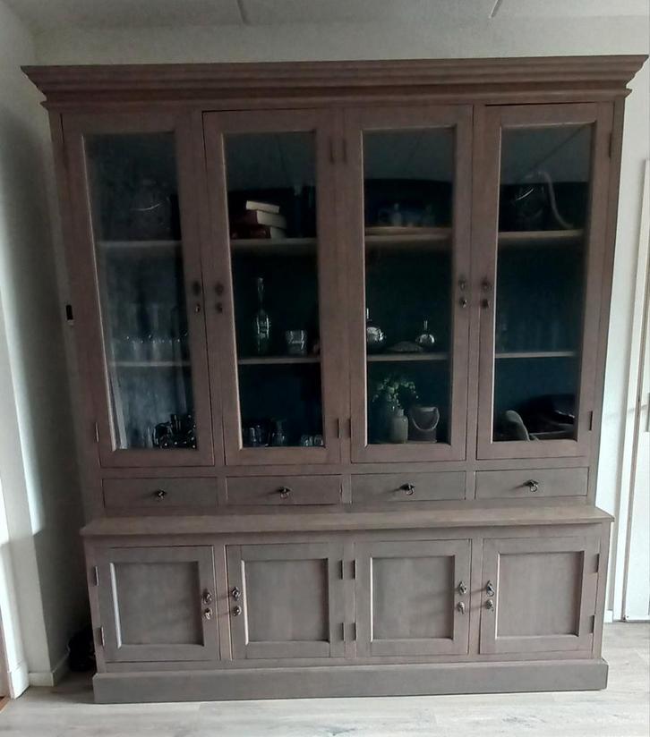 Teak buffetkast met glazen deuren en lades, Huis en Inrichting, Kasten | Buffetkasten, Gebruikt, 200 cm of meer, 150 tot 200 cm