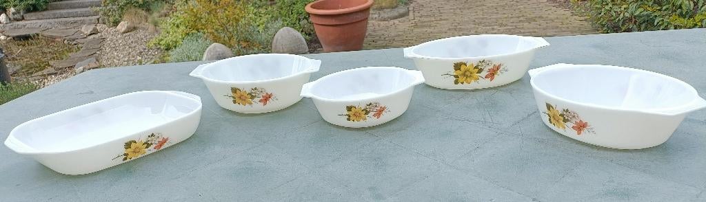 5 Vintage PYREX ovenschalen: JAJ England 1969 Autumn Glory, Ophalen of Verzenden, Overige stijlen, Glas, Schaal of Schalen