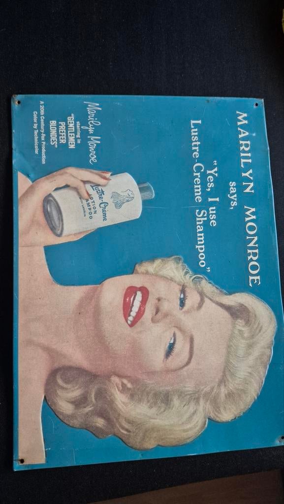 Vintage Marilyn Monroe Lustre-Creme Shampoo Reclamebord, Verzamelen, Ophalen of Verzenden, Gebruikt, Reclamebord