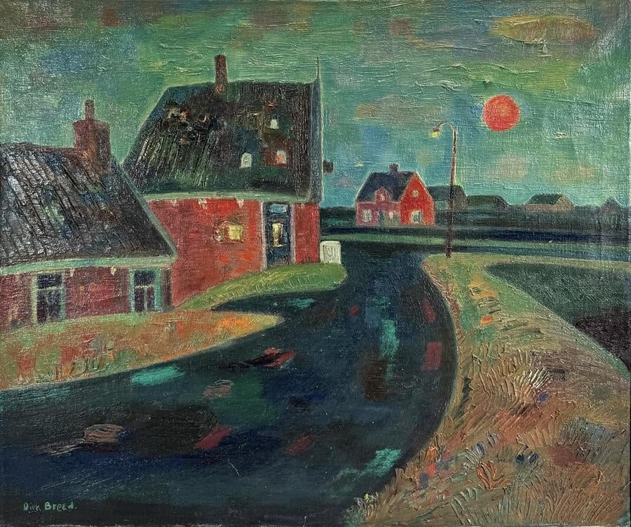 1145. Olieverfschilderij, Dirk Breed - dorpsgezicht 20e eeuw