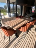 Massief eiken eettafel met stalen poot, Ophalen, Eikenhout, 200 cm of meer, 50 tot 100 cm